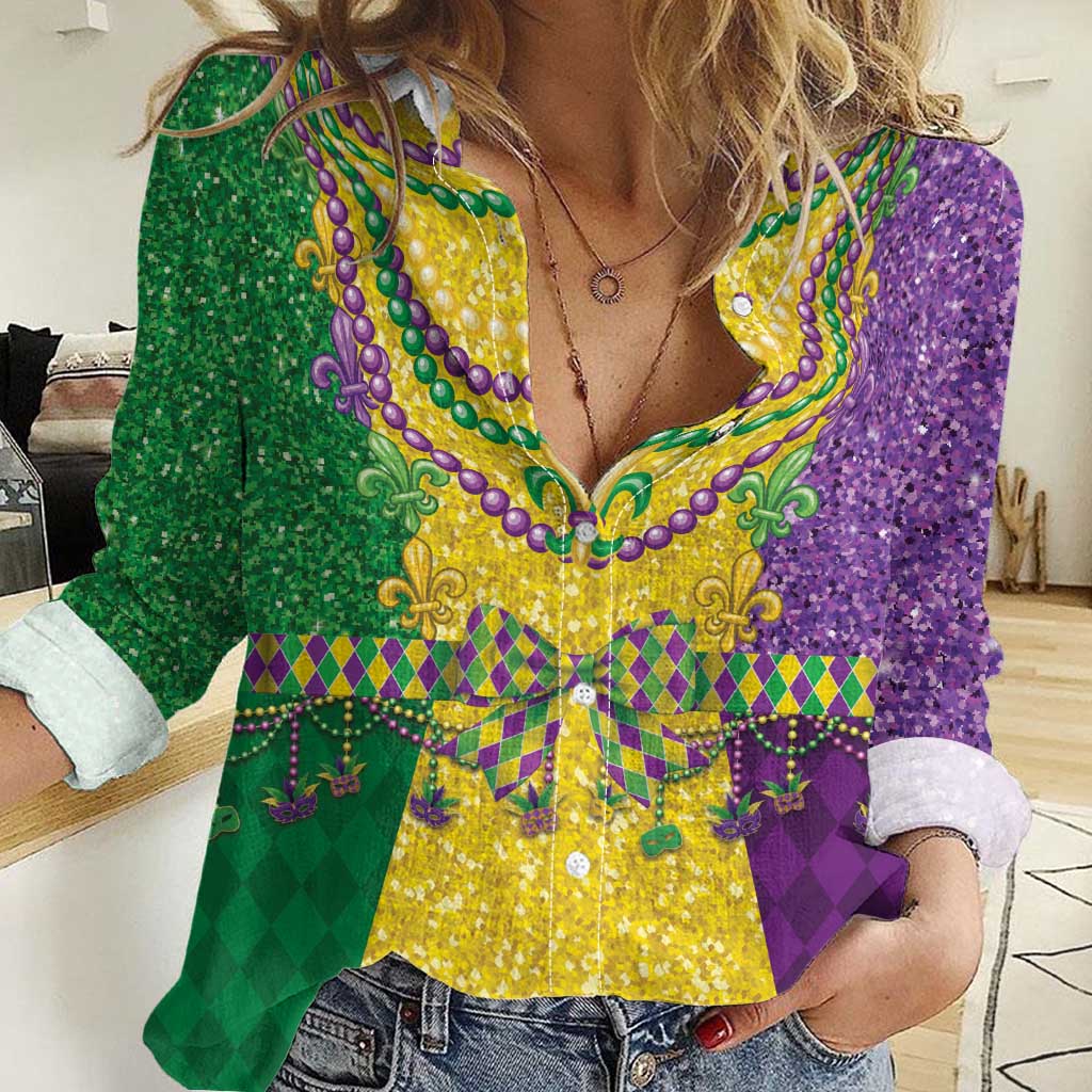 Mardi Gras Women Casual Shirt Beadeds Necklace With Fleur De Lis - Wonder Print Shop