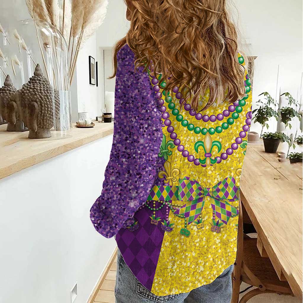Mardi Gras Women Casual Shirt Beadeds Necklace With Fleur De Lis - Wonder Print Shop
