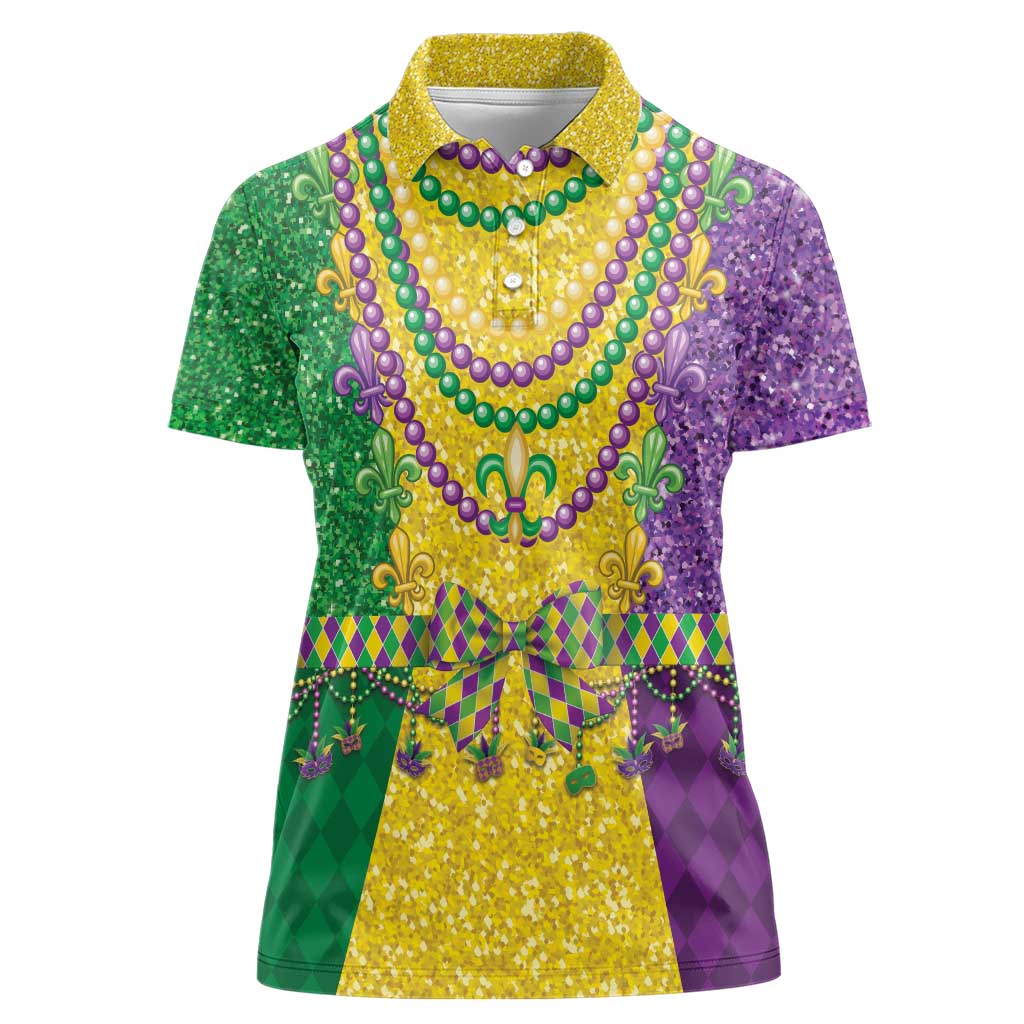 Mardi Gras Women Polo Shirt Beadeds Necklace With Fleur De Lis - Wonder Print Shop