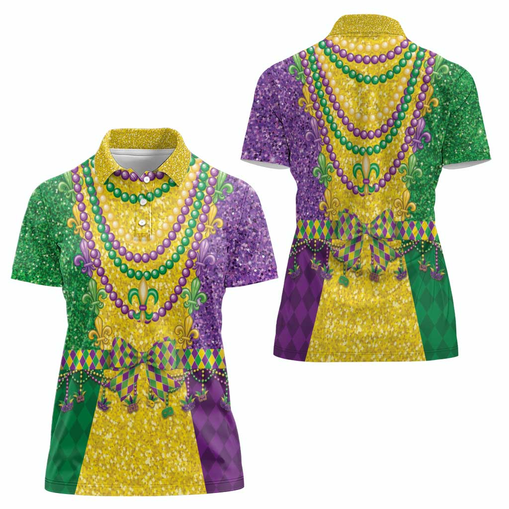 Mardi Gras Women Polo Shirt Beadeds Necklace With Fleur De Lis - Wonder Print Shop