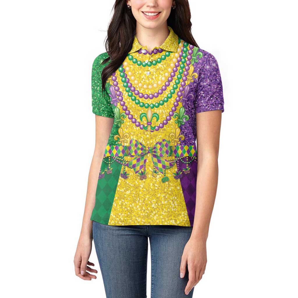 Mardi Gras Women Polo Shirt Beadeds Necklace With Fleur De Lis - Wonder Print Shop