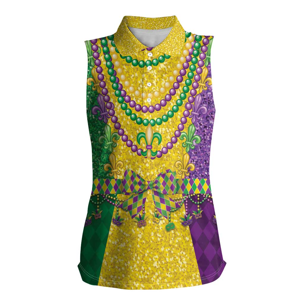Mardi Gras Women Sleeveless Polo Shirt Beadeds Necklace With Fleur De Lis - Wonder Print Shop