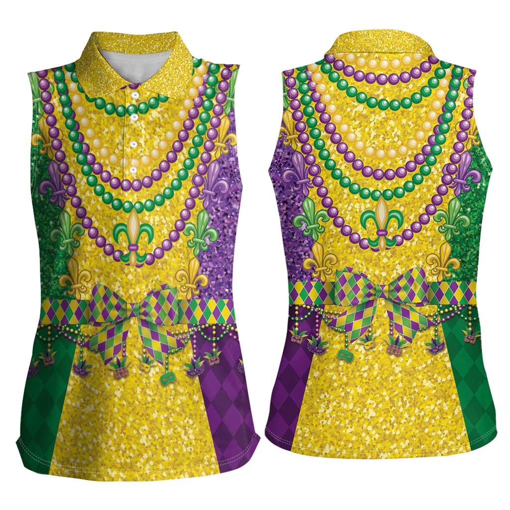 Mardi Gras Women Sleeveless Polo Shirt Beadeds Necklace With Fleur De Lis - Wonder Print Shop