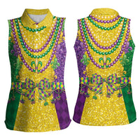 Mardi Gras Women Sleeveless Polo Shirt Beadeds Necklace With Fleur De Lis - Wonder Print Shop
