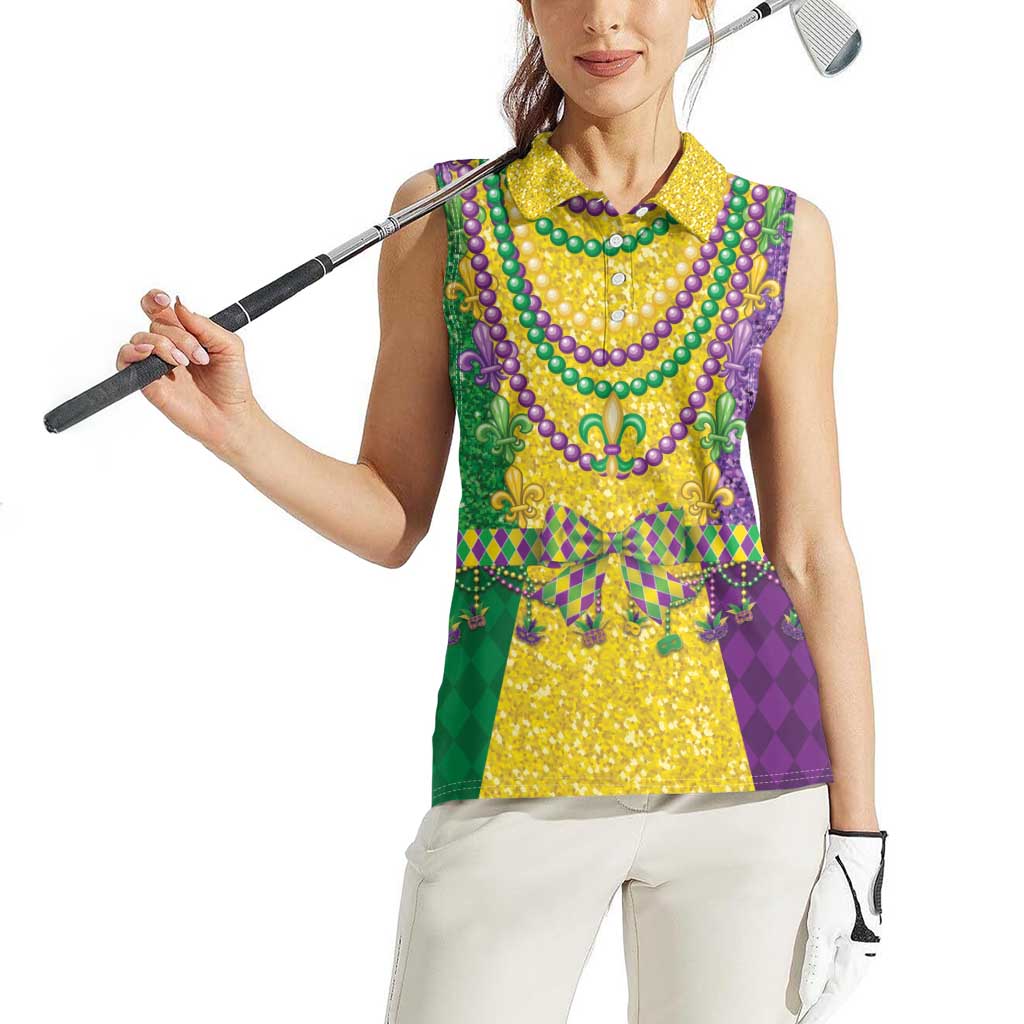 Mardi Gras Women Sleeveless Polo Shirt Beadeds Necklace With Fleur De Lis - Wonder Print Shop