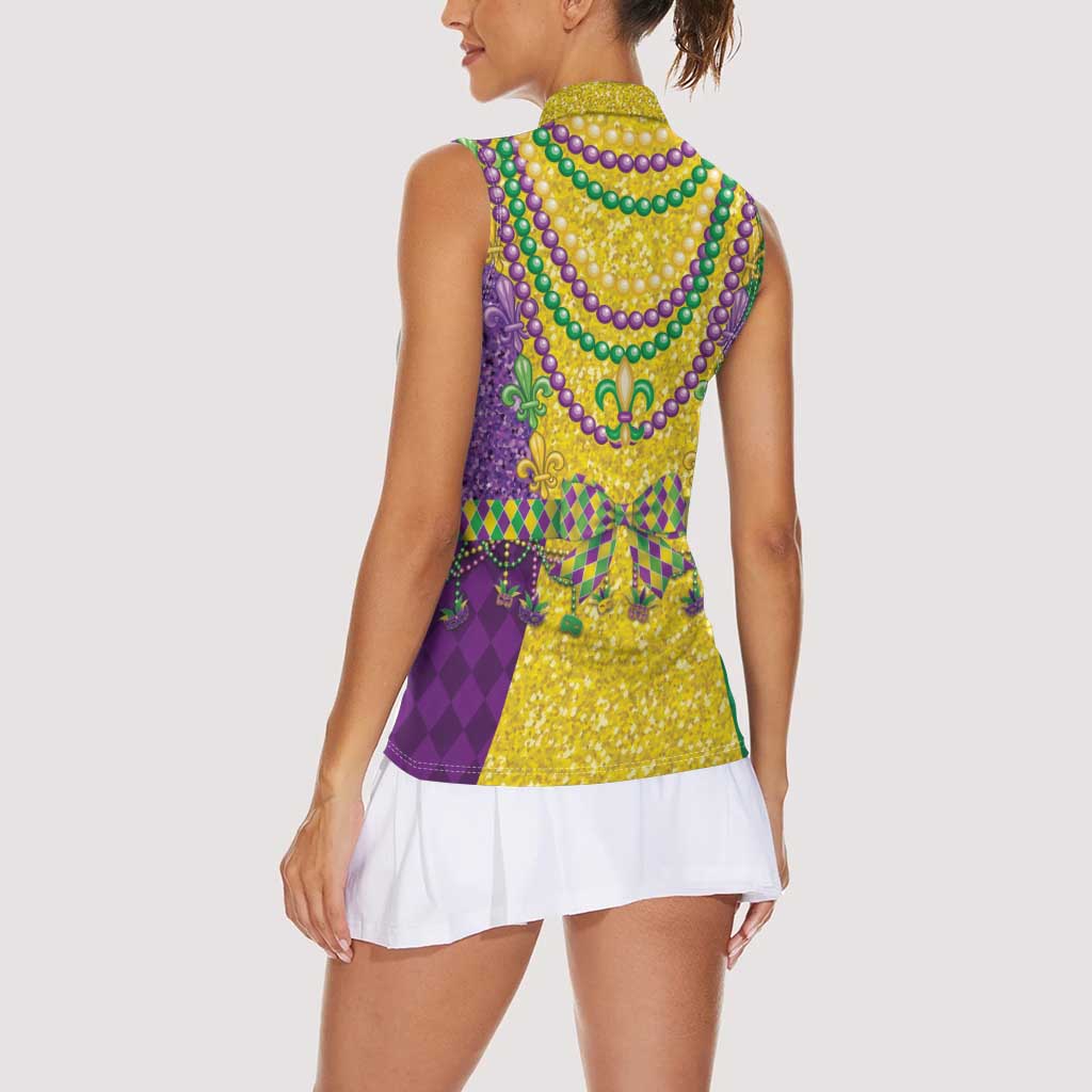 Mardi Gras Women Sleeveless Polo Shirt Beadeds Necklace With Fleur De Lis - Wonder Print Shop