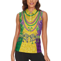 Mardi Gras Women Sleeveless Polo Shirt Beadeds Necklace With Fleur De Lis - Wonder Print Shop