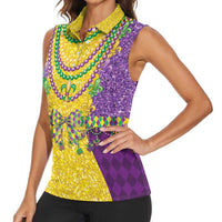 Mardi Gras Women Sleeveless Polo Shirt Beadeds Necklace With Fleur De Lis - Wonder Print Shop