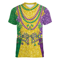 Mardi Gras Women V-Neck T-Shirt Beadeds Necklace With Fleur De Lis - Wonder Print Shop