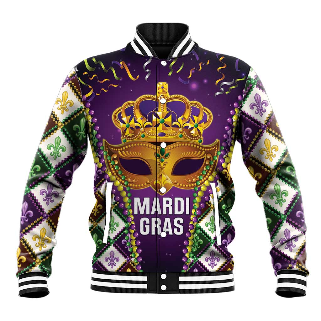 King Mask Mardi Gras Baseball Jacket Let's Party Beadeds With Fleur De Lis - Wonder Print Shop