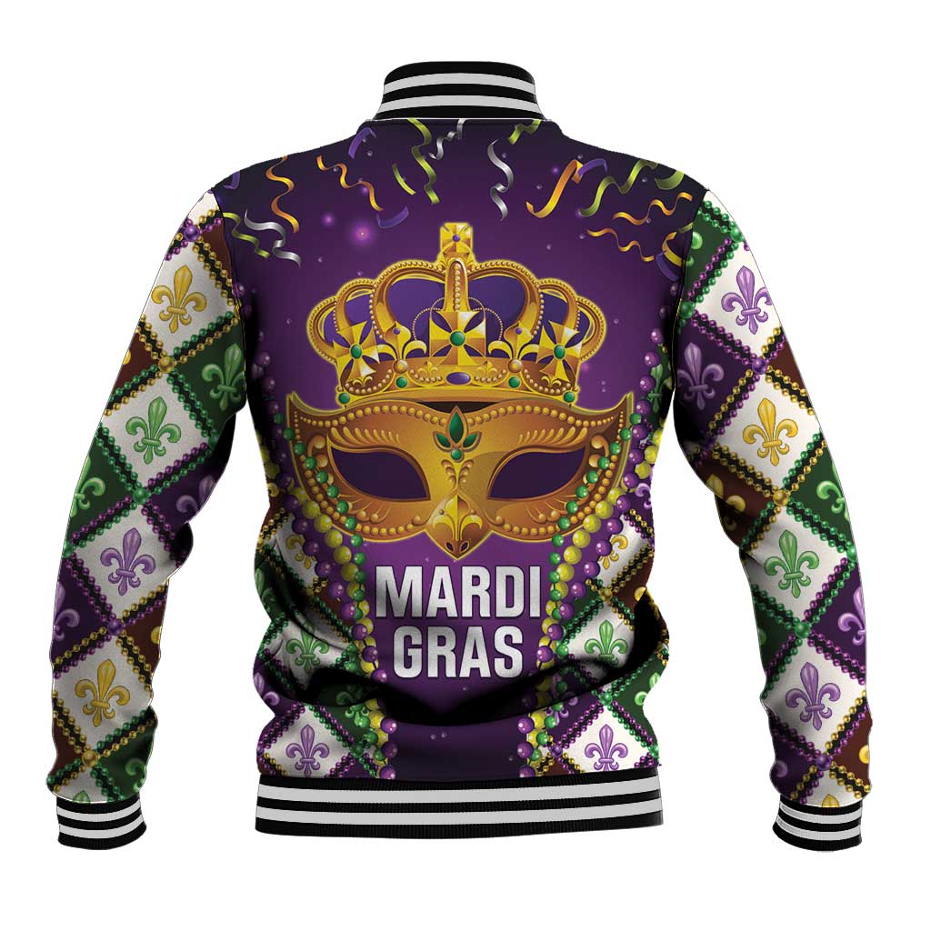 King Mask Mardi Gras Baseball Jacket Let's Party Beadeds With Fleur De Lis - Wonder Print Shop
