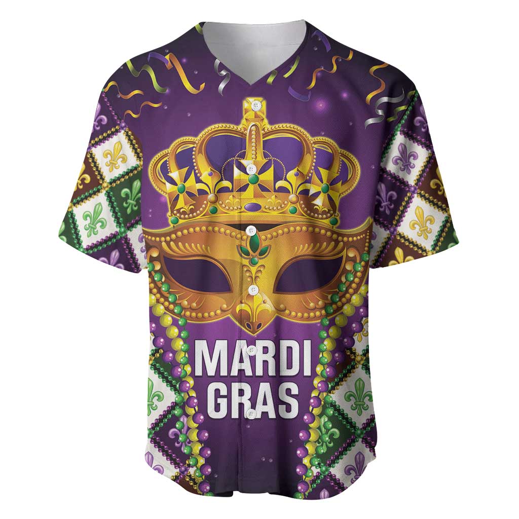 King Mask Mardi Gras Baseball Jersey Let's Party Beadeds With Fleur De Lis - Wonder Print Shop