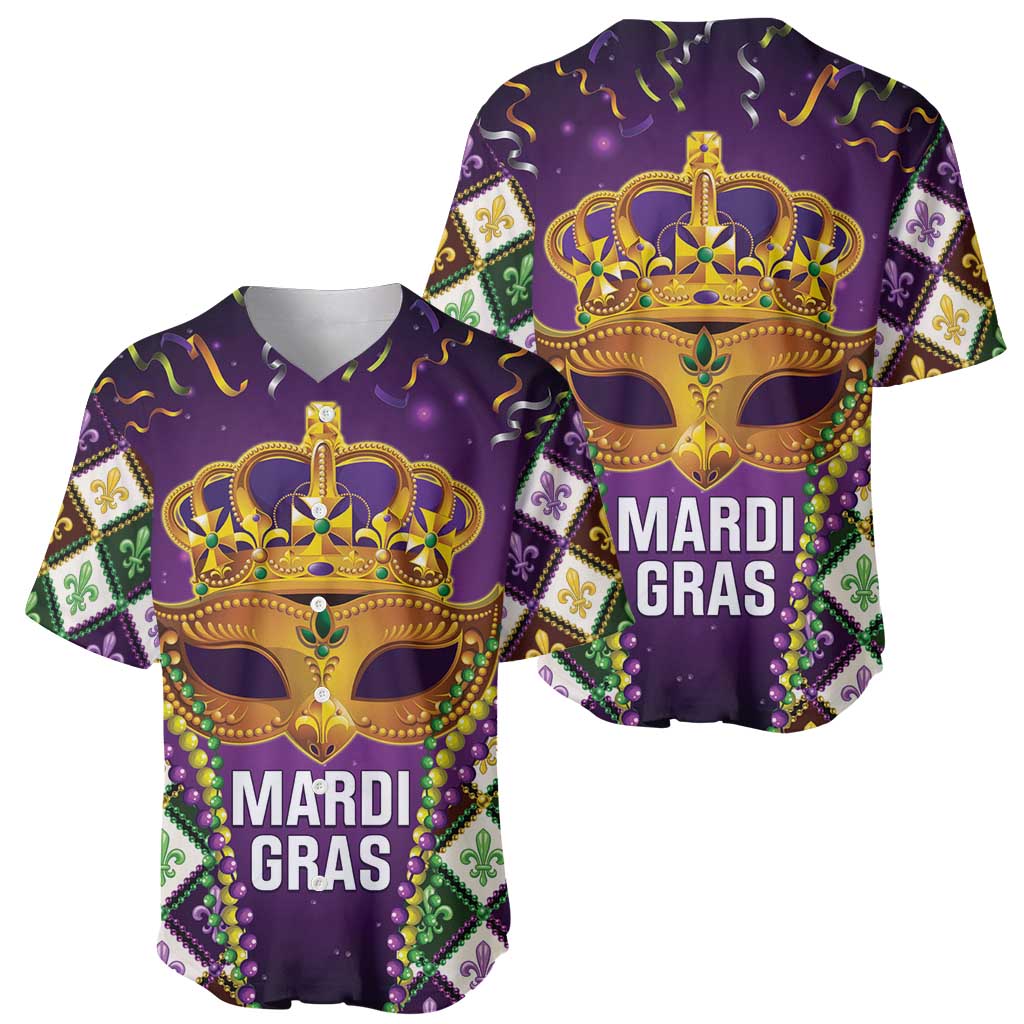 King Mask Mardi Gras Baseball Jersey Let's Party Beadeds With Fleur De Lis - Wonder Print Shop
