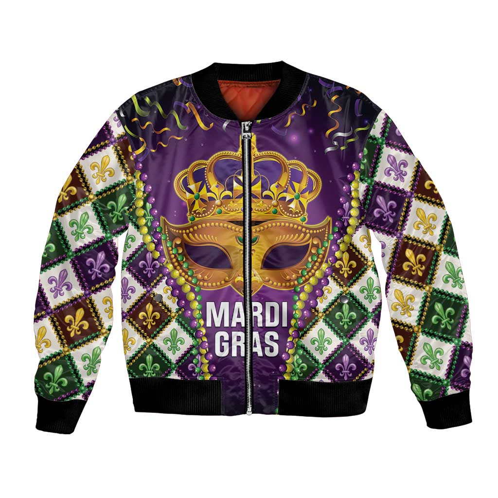 King Mask Mardi Gras Bomber Jacket Let's Party Beadeds With Fleur De Lis - Wonder Print Shop