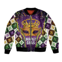 King Mask Mardi Gras Bomber Jacket Let's Party Beadeds With Fleur De Lis - Wonder Print Shop