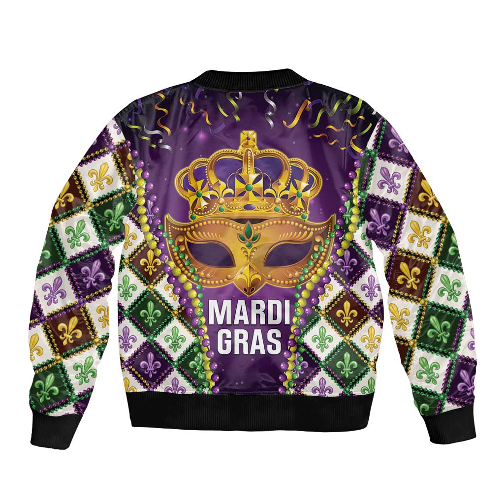 King Mask Mardi Gras Bomber Jacket Let's Party Beadeds With Fleur De Lis - Wonder Print Shop