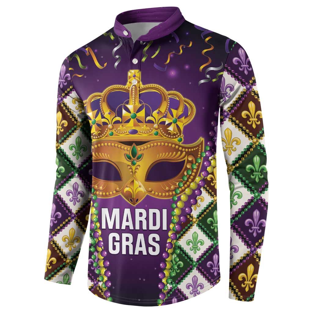 King Mask Mardi Gras Button Sweatshirt Let's Party Beadeds With Fleur De Lis - Wonder Print Shop