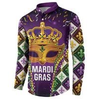King Mask Mardi Gras Button Sweatshirt Let's Party Beadeds With Fleur De Lis - Wonder Print Shop