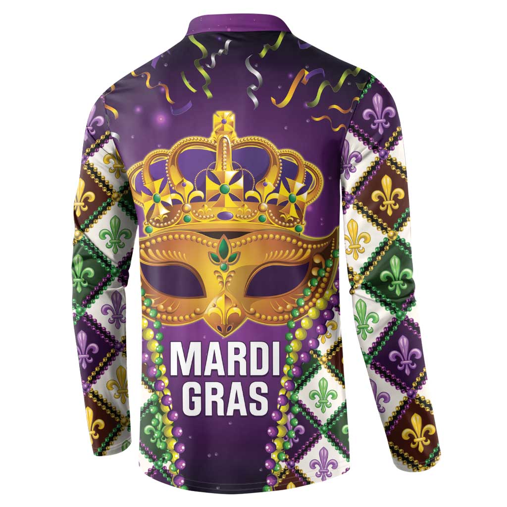 King Mask Mardi Gras Button Sweatshirt Let's Party Beadeds With Fleur De Lis - Wonder Print Shop