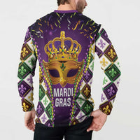 King Mask Mardi Gras Button Sweatshirt Let's Party Beadeds With Fleur De Lis - Wonder Print Shop
