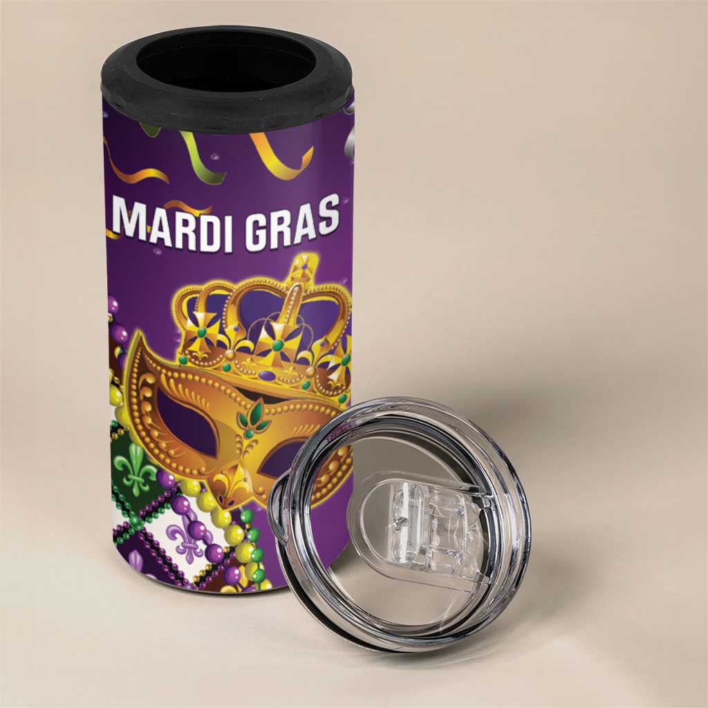King Mask Mardi Gras 4 in 1 Can Cooler Tumbler Let's Party Beadeds With Fleur De Lis - Wonder Print Shop