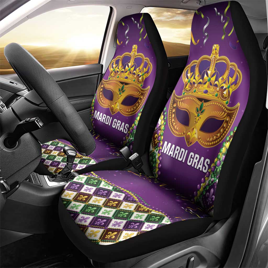 King Mask Mardi Gras Car Seat Cover Let's Party Beadeds With Fleur De Lis - Wonder Print Shop