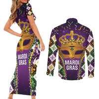 King Mask Mardi Gras Couples Matching Short Sleeve Bodycon Dress and Long Sleeve Button Shirt Let's Party Beadeds With Fleur De Lis - Wonder Print Shop