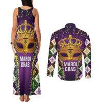 King Mask Mardi Gras Couples Matching Tank Maxi Dress and Long Sleeve Button Shirt Let's Party Beadeds With Fleur De Lis - Wonder Print Shop