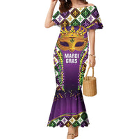 King Mask Mardi Gras Family Matching Mermaid Dress and Hawaiian Shirt Let's Party Beadeds With Fleur De Lis - Wonder Print Shop