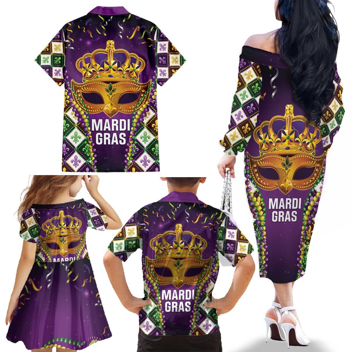 King Mask Mardi Gras Family Matching Off The Shoulder Long Sleeve Dress and Hawaiian Shirt Let's Party Beadeds With Fleur De Lis - Wonder Print Shop