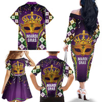 King Mask Mardi Gras Family Matching Off The Shoulder Long Sleeve Dress and Hawaiian Shirt Let's Party Beadeds With Fleur De Lis - Wonder Print Shop