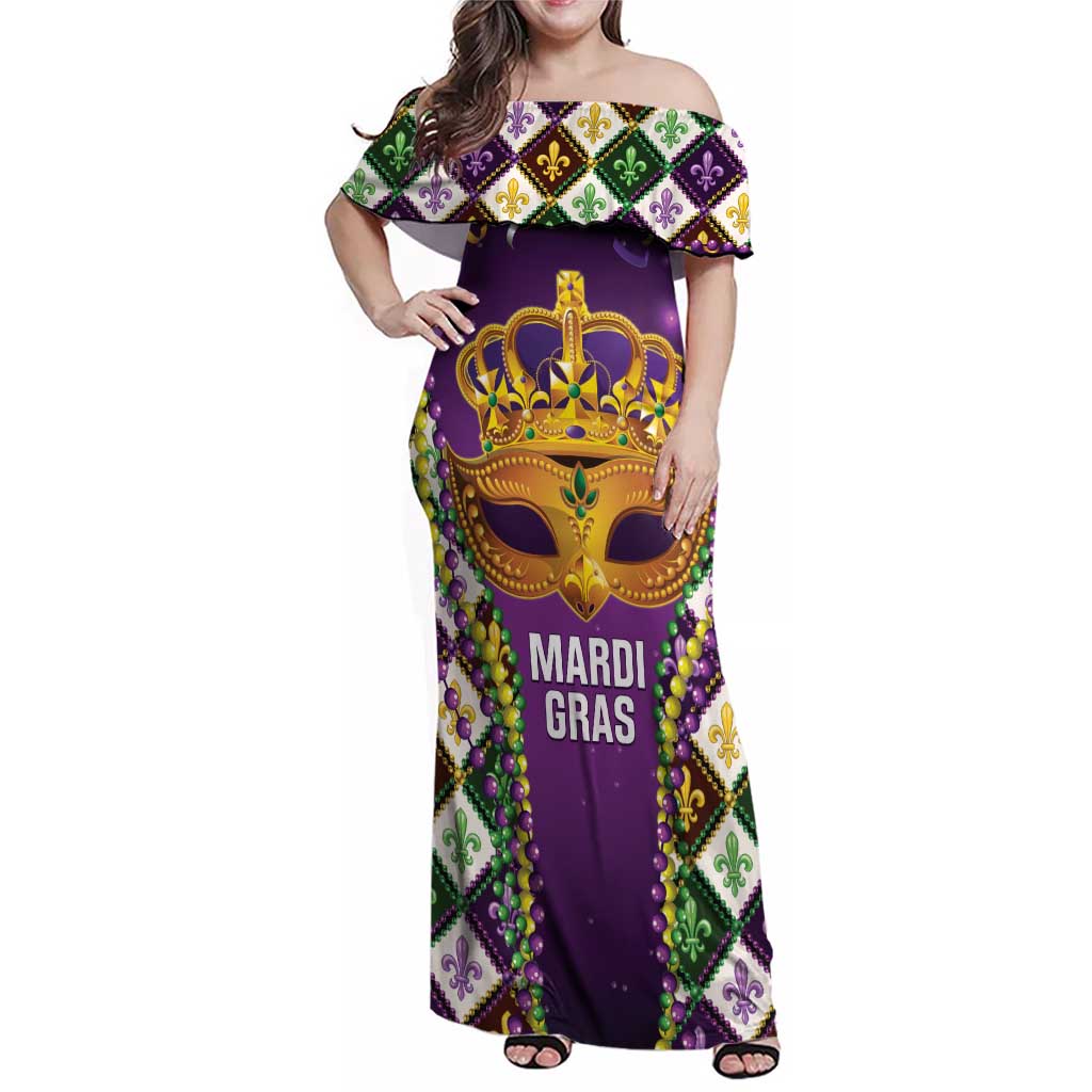 King Mask Mardi Gras Family Matching Off Shoulder Maxi Dress and Hawaiian Shirt Let's Party Beadeds With Fleur De Lis - Wonder Print Shop
