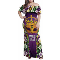 King Mask Mardi Gras Family Matching Off Shoulder Maxi Dress and Hawaiian Shirt Let's Party Beadeds With Fleur De Lis - Wonder Print Shop