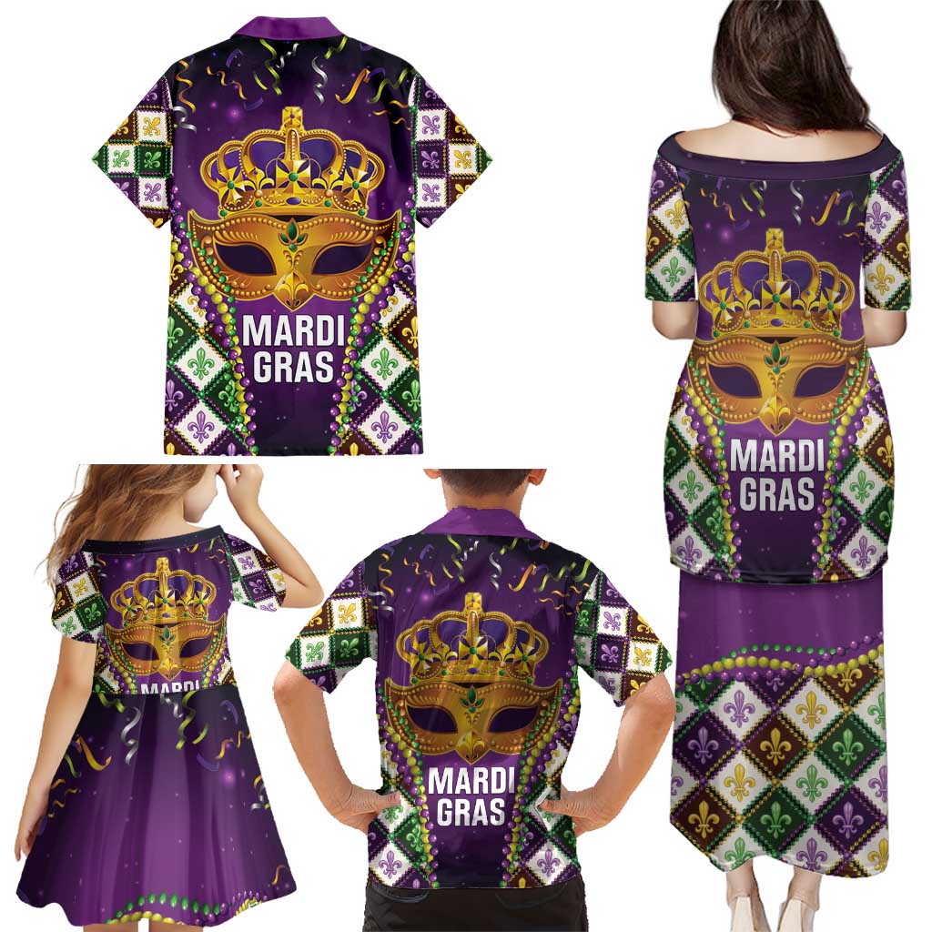 King Mask Mardi Gras Family Matching Puletasi and Hawaiian Shirt Let's Party Beadeds With Fleur De Lis - Wonder Print Shop