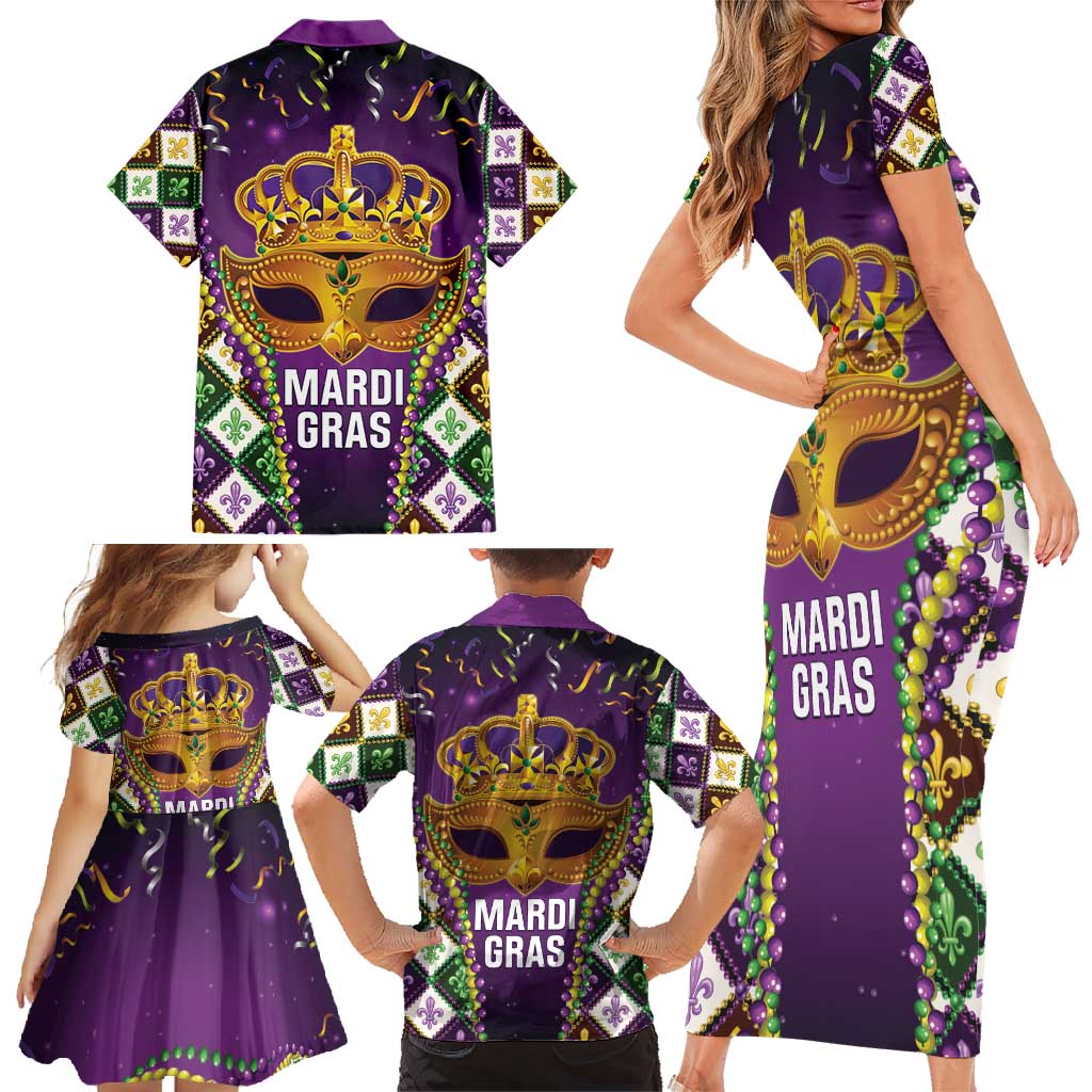 King Mask Mardi Gras Family Matching Short Sleeve Bodycon Dress and Hawaiian Shirt Let's Party Beadeds With Fleur De Lis - Wonder Print Shop