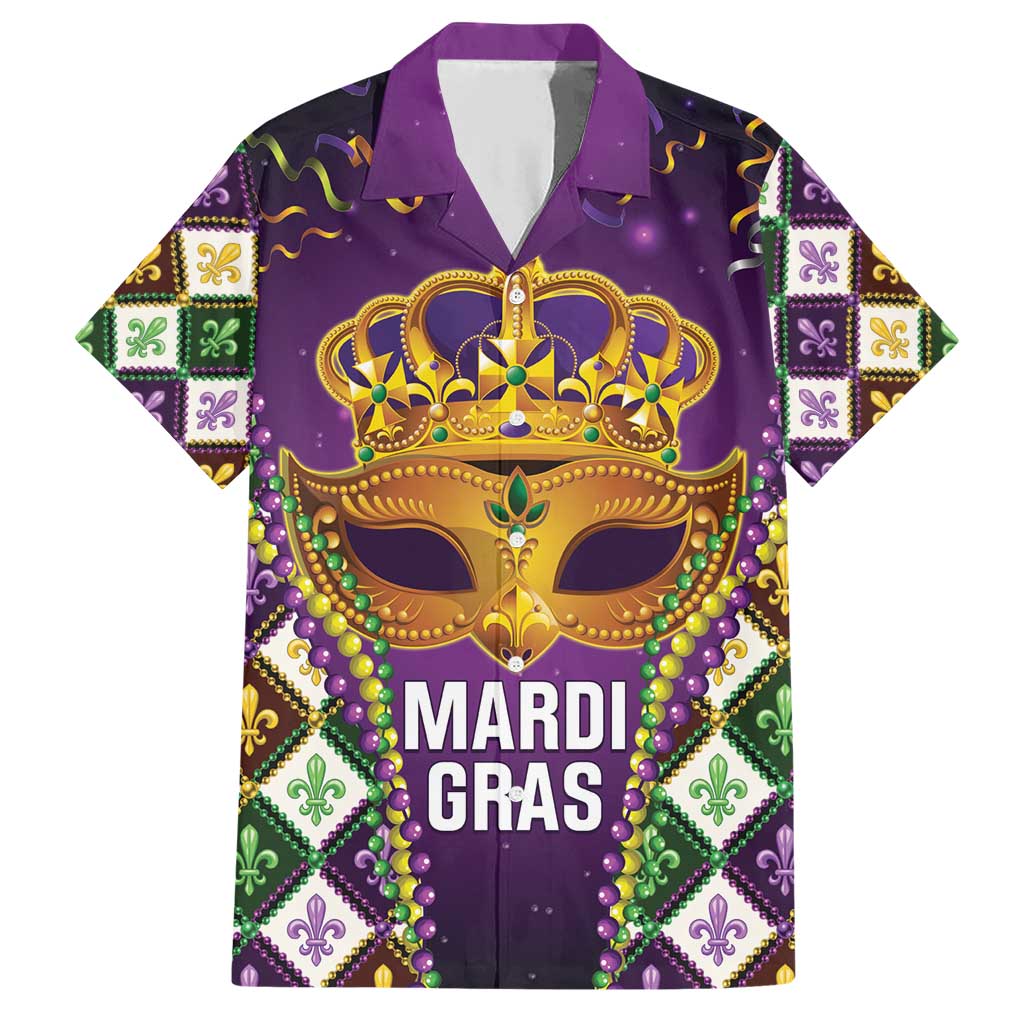 King Mask Mardi Gras Family Matching Short Sleeve Bodycon Dress and Hawaiian Shirt Let's Party Beadeds With Fleur De Lis - Wonder Print Shop