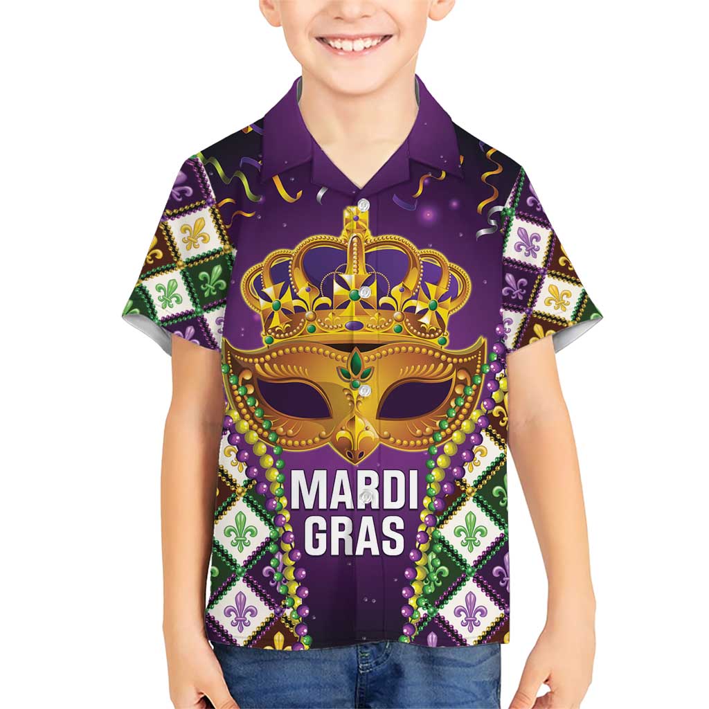 King Mask Mardi Gras Family Matching Short Sleeve Bodycon Dress and Hawaiian Shirt Let's Party Beadeds With Fleur De Lis - Wonder Print Shop
