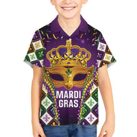 King Mask Mardi Gras Family Matching Short Sleeve Bodycon Dress and Hawaiian Shirt Let's Party Beadeds With Fleur De Lis - Wonder Print Shop