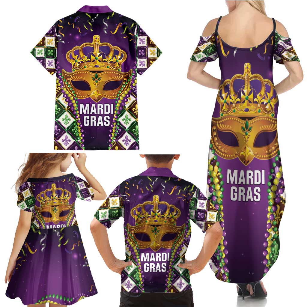 King Mask Mardi Gras Family Matching Summer Maxi Dress and Hawaiian Shirt Let's Party Beadeds With Fleur De Lis - Wonder Print Shop