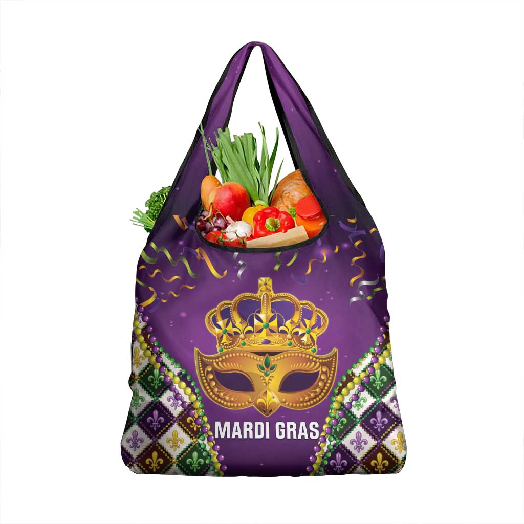 King Mask Mardi Gras Grocery Bag Let's Party Beadeds With Fleur De Lis