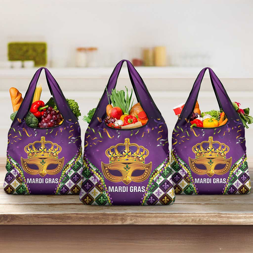 King Mask Mardi Gras Grocery Bag Let's Party Beadeds With Fleur De Lis