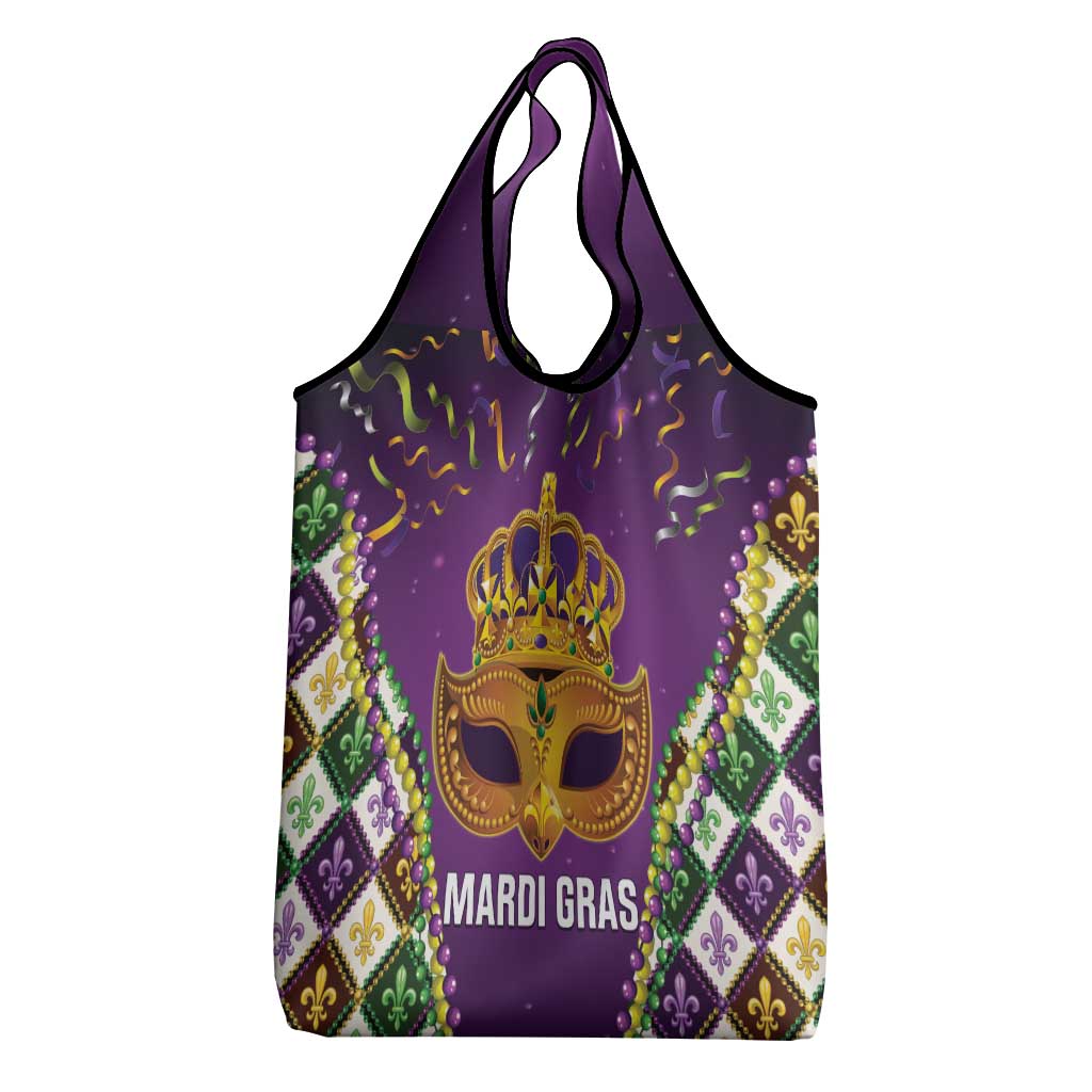 King Mask Mardi Gras Grocery Bag Let's Party Beadeds With Fleur De Lis