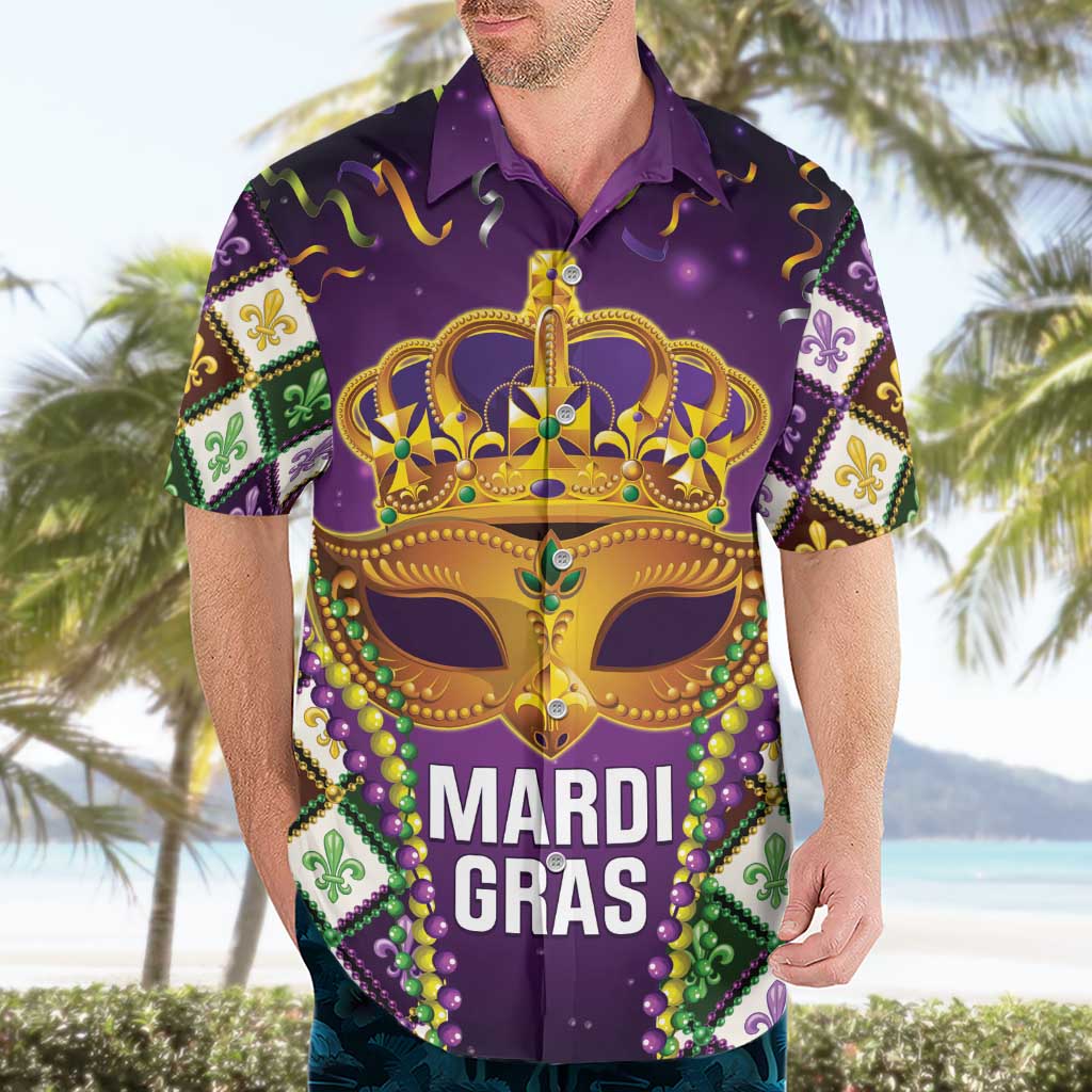 King Mask Mardi Gras Hawaiian Shirt Let's Party Beadeds With Fleur De Lis - Wonder Print Shop