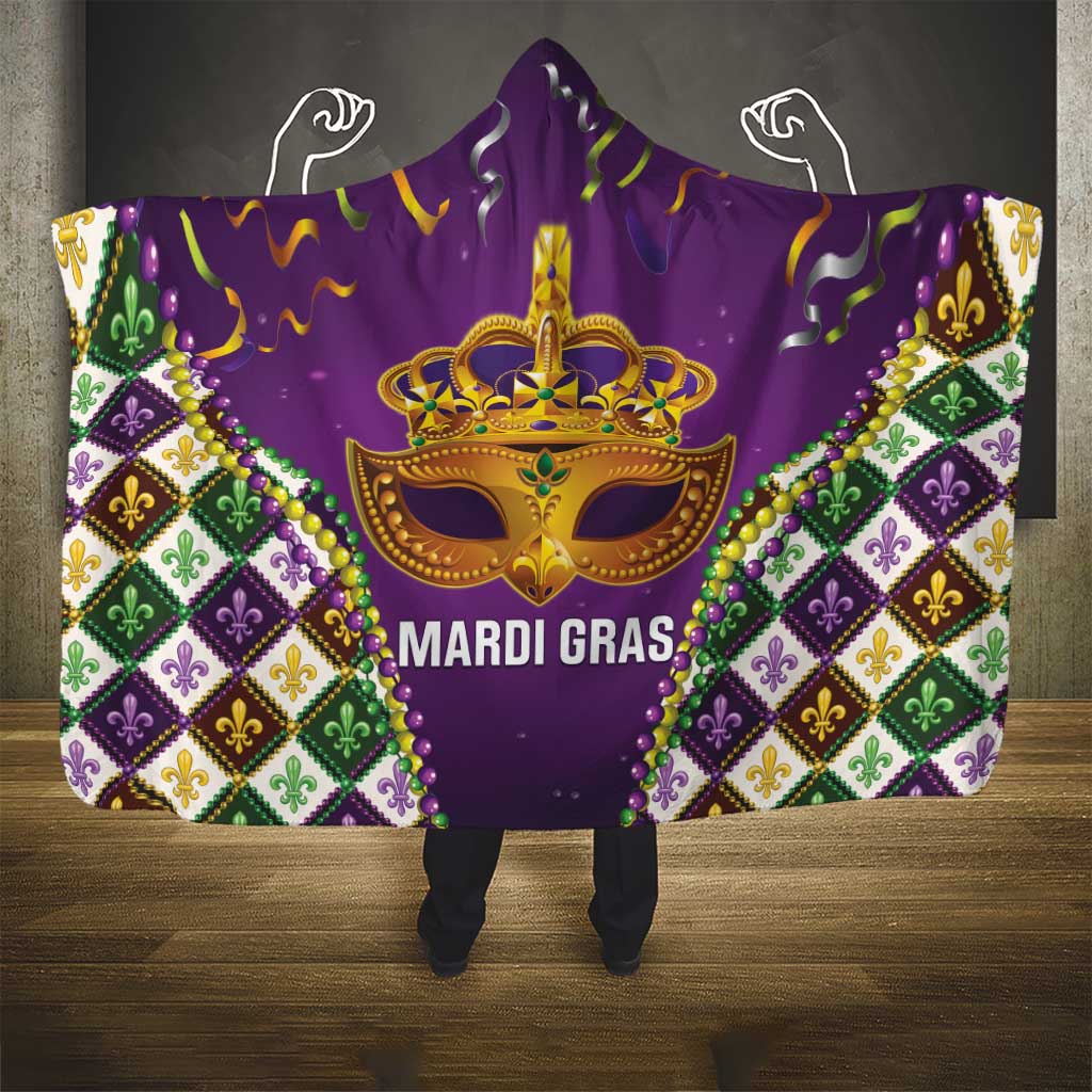 King Mask Mardi Gras Hooded Blanket Let's Party Beadeds With Fleur De Lis