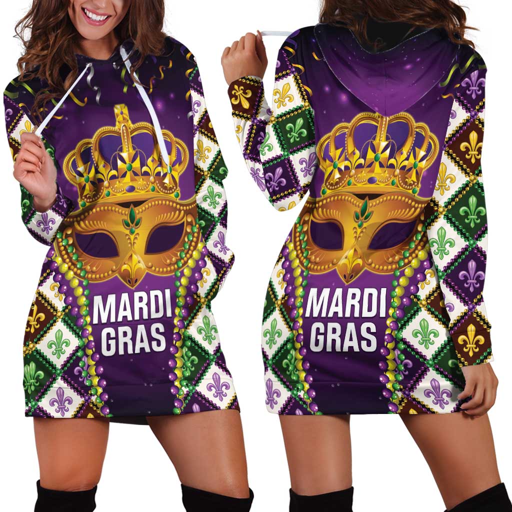 King Mask Mardi Gras Hoodie Dress Let's Party Beadeds With Fleur De Lis - Wonder Print Shop