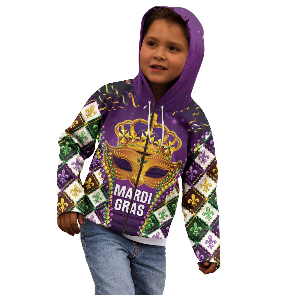 King Mask Mardi Gras Kid Hoodie Let's Party Beadeds With Fleur De Lis - Wonder Print Shop