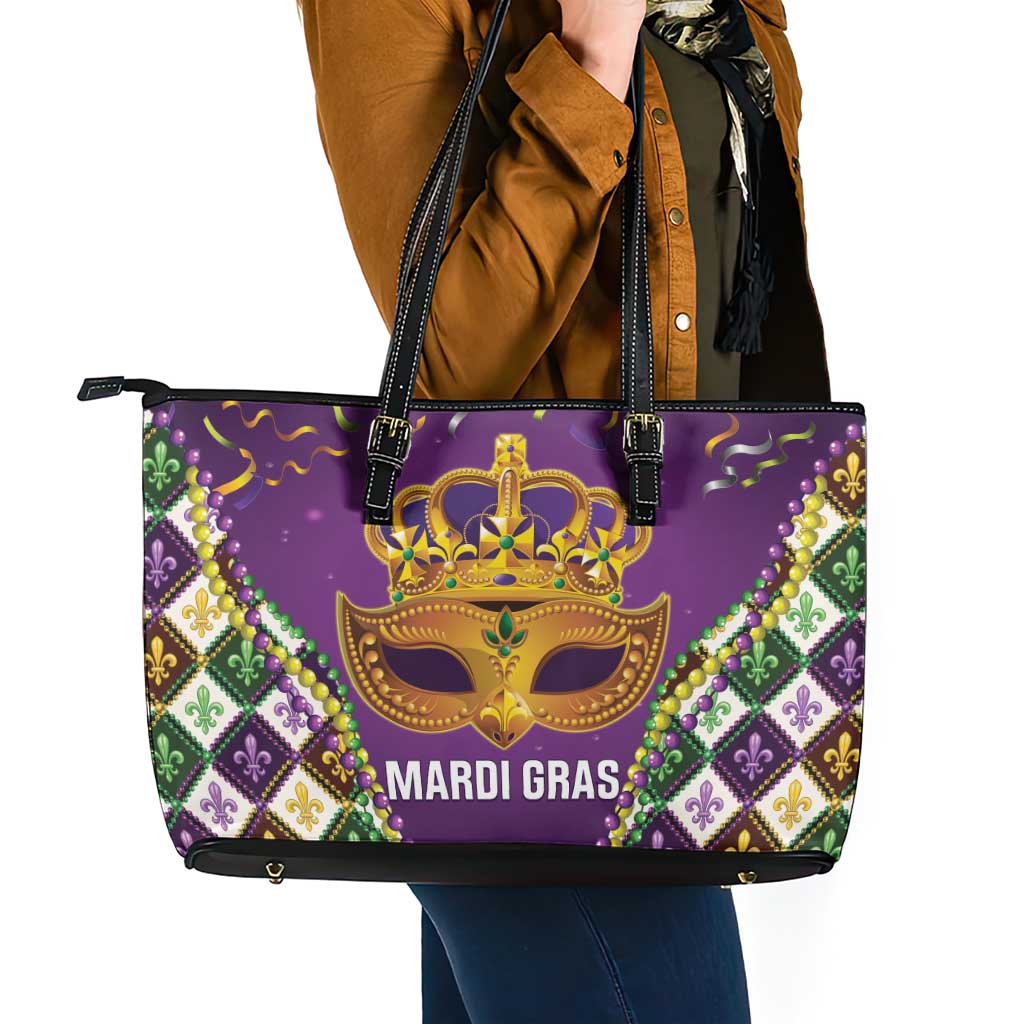 King Mask Mardi Gras Leather Tote Bag Let's Party Beadeds With Fleur De Lis - Wonder Print Shop