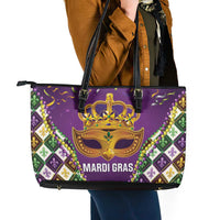 King Mask Mardi Gras Leather Tote Bag Let's Party Beadeds With Fleur De Lis - Wonder Print Shop