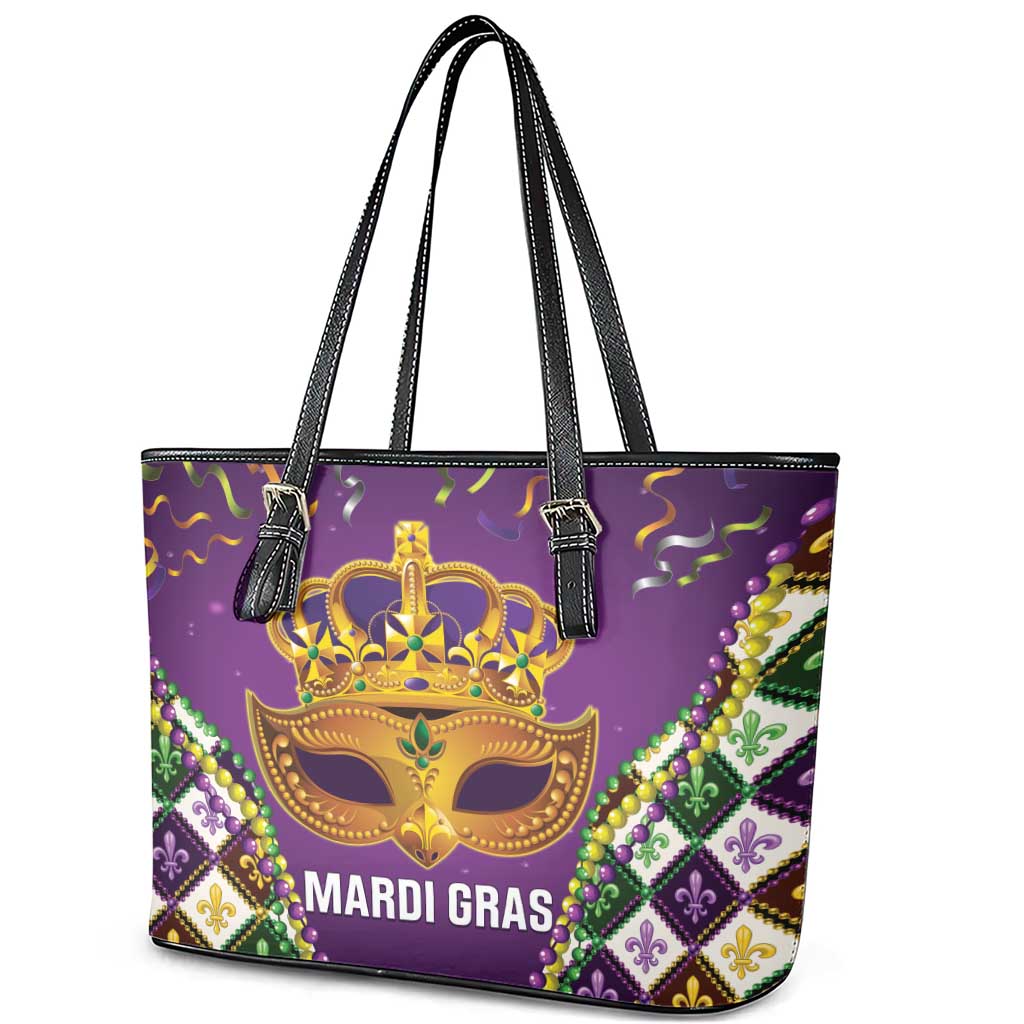 King Mask Mardi Gras Leather Tote Bag Let's Party Beadeds With Fleur De Lis - Wonder Print Shop