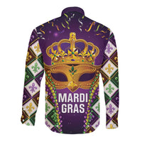 King Mask Mardi Gras Long Sleeve Button Shirt Let's Party Beadeds With Fleur De Lis - Wonder Print Shop